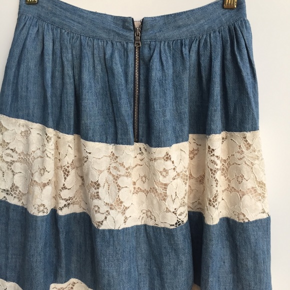 Alice + Olivia Romy Lace Panel Denim Midi Skirt 0 - Picture 6 of 8